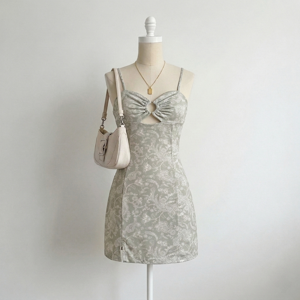 Streetwear Society Elegant Pale Green And White Patterned A Line Mini Dress